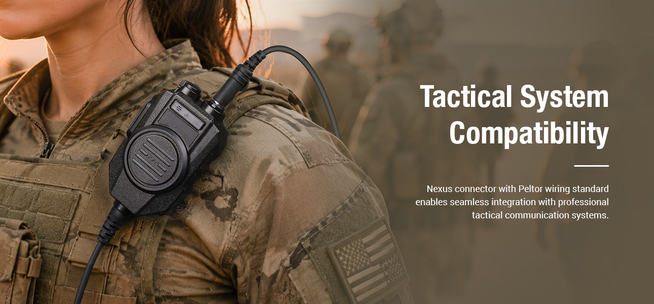 Tactical PTT microphone with Nexus connector and Peltor compatibility for professional tactical systems