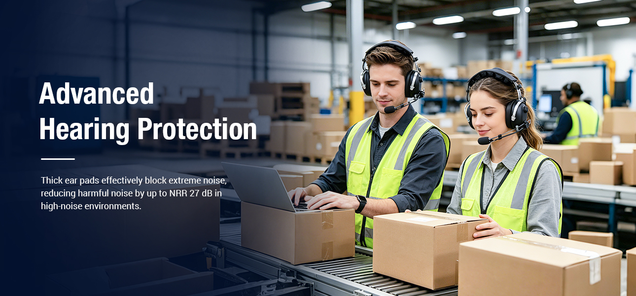 Teams in factories and race garages using NRR 27 dB headsets for noise protection