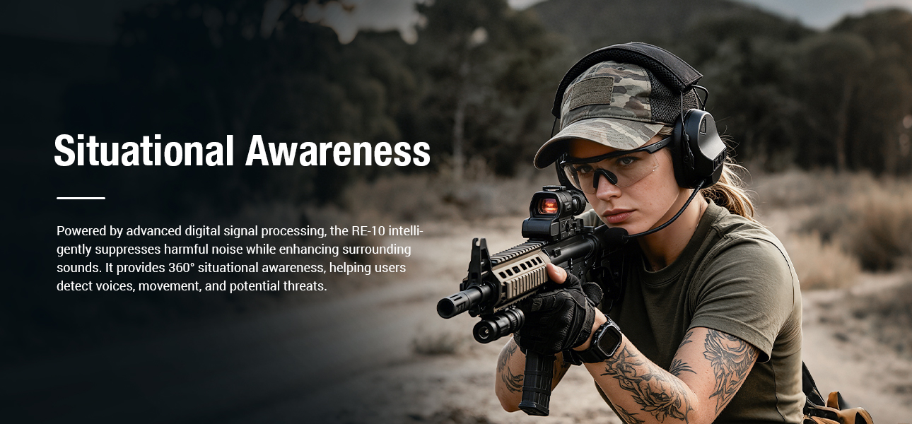 The tactical headset provides situational awareness by amplifying human voices and background sound and reducing unwanted noise.