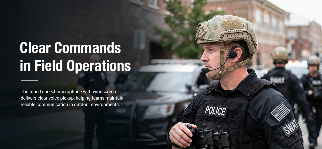 Ultra-light tactical headset with noise-reducing microphone for law enforcement field operations