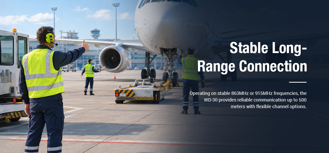 WD-30 full-duplex headset with base station for reliable 500 m communication between airport ground teams