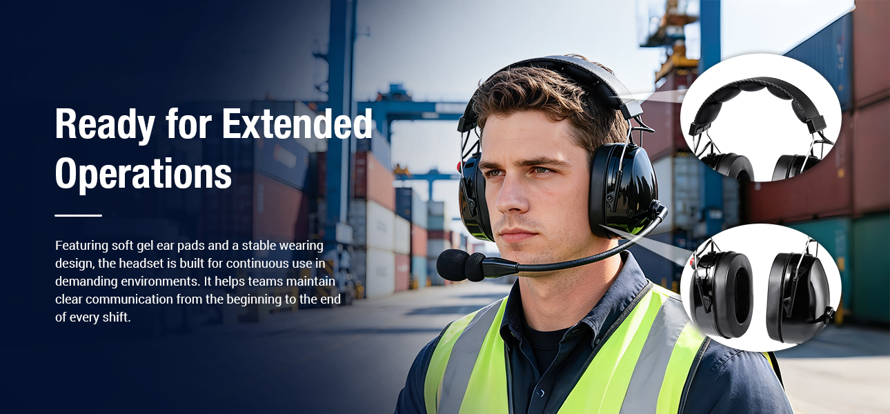 Walkie talkie headphone with headpad and gel ear pads for port operators during extended shifts