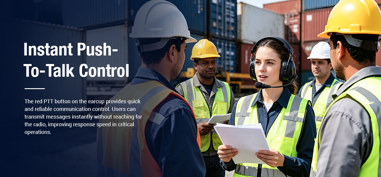 Walkie-talkie headphones with PTT buttons for container terminal dispatchers and port operations teams
