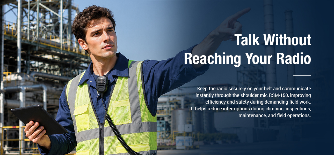 Walkie talkie microphone allowing workers to communicate instantly without removing the radio during maintenance, inspections, and field operations
