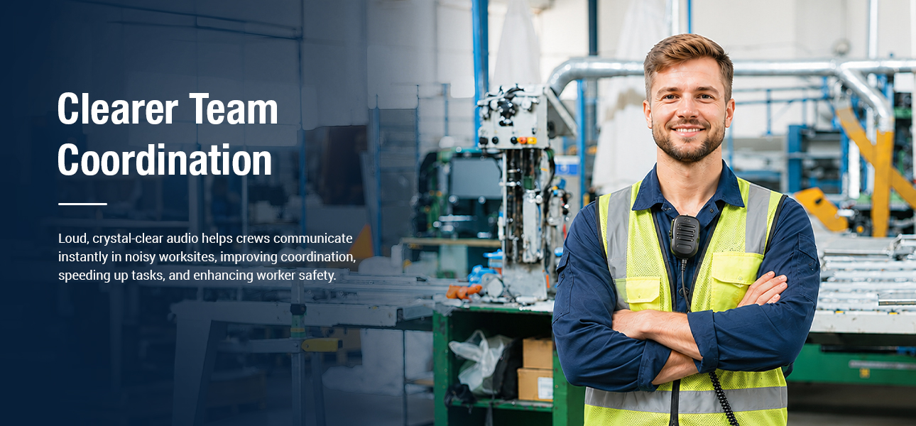 Walkie talkie microphone delivering loud, clear audio for instant team communication in industrial workplaces and noisy job sites
