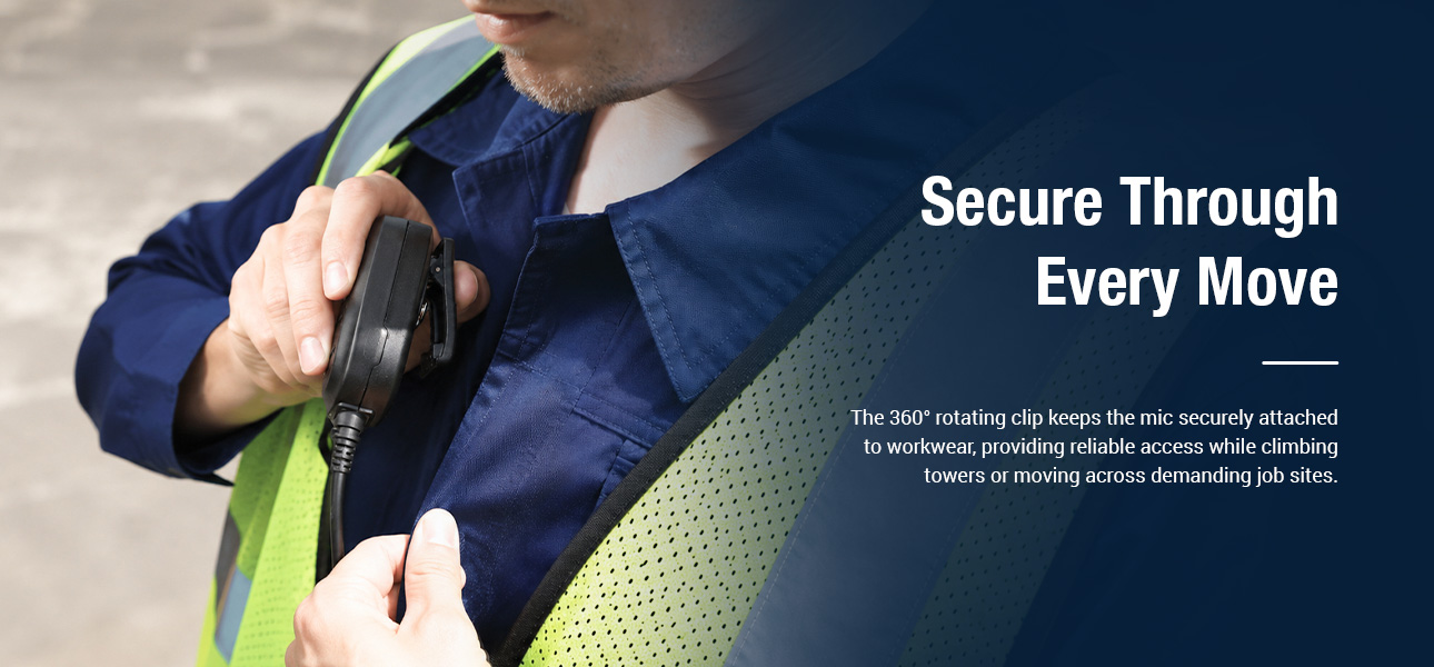 Walkie talkie microphone with 360 degree rotating clip for secure attachment on workwear during climbing, tower work, and industrial operations