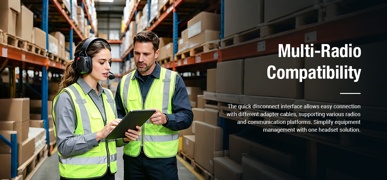 Warehouse radio headset with quick disconnect for multi-radio compatibility and flexible operations
