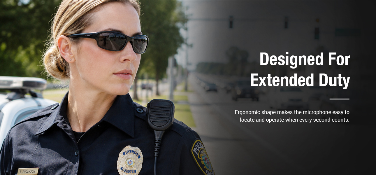 Waterproof radio speaker mic with an ergonomic design for fast and intuitive operation during extended law enforcement shifts