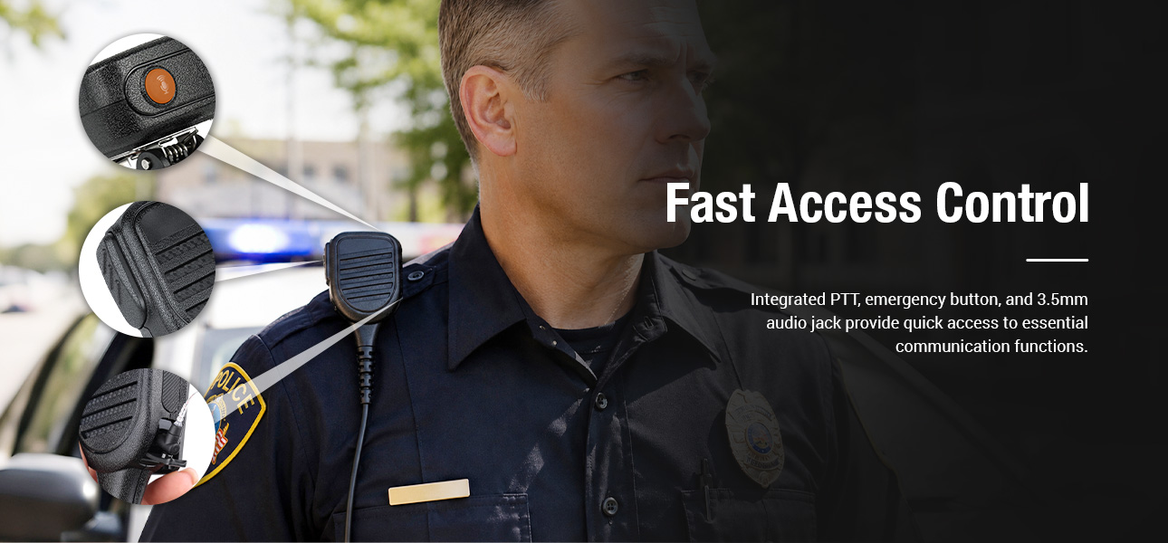 Waterproof radio speaker mics with integrated PTT, emergency button, and 3.5 mm audio jack for rapid mission-critical communication