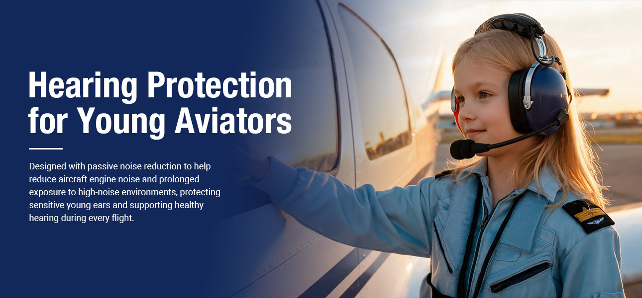 Young aviator with a passive noise reduction children's aviation headset protecting hearing before flight