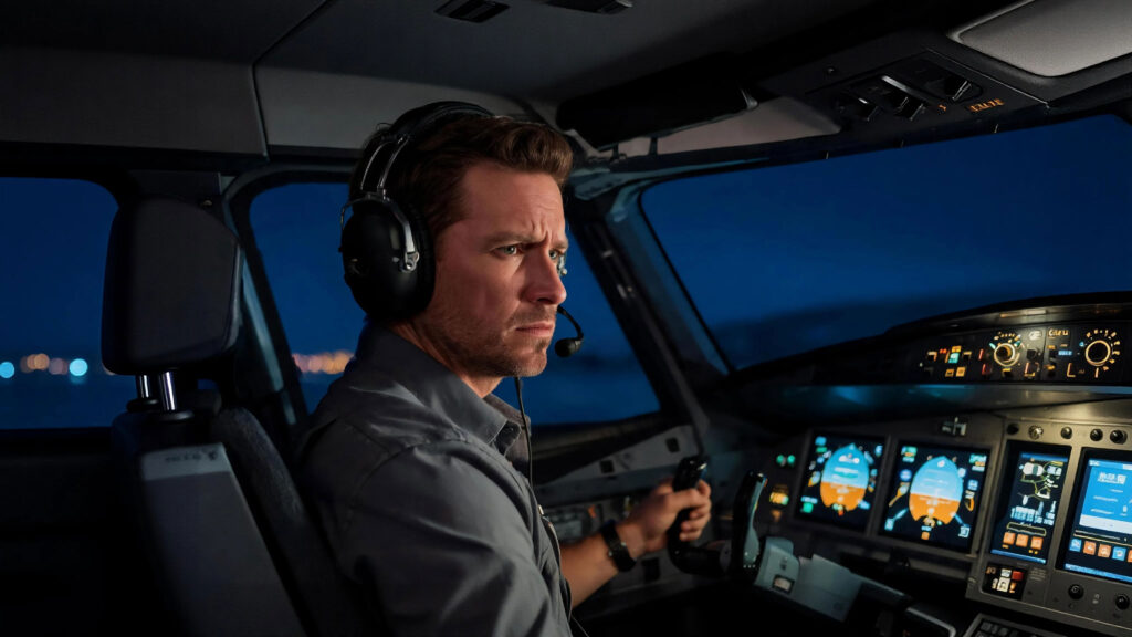 night-flight-cockpit-pilot-wearing-aviation-headset-communicating-through-radio,-cockpit-noise-interference,-focused-expression