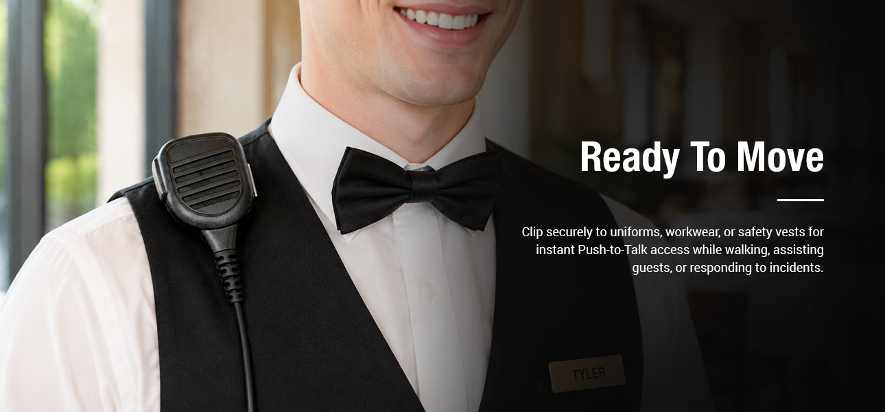 push-to-talk over cellular shoulder microphone clipped to workwear for instant Push-to-Talk access on the move