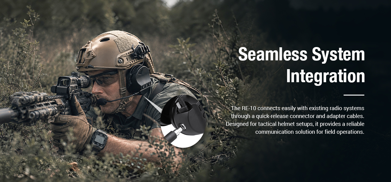 tactical communications headset with quick-release connector and adapter cables for radio system integration.