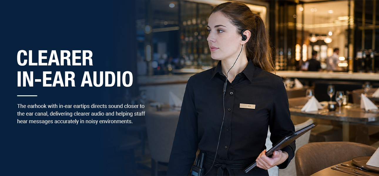 2 Way Radio Earpiece with in-ear tips for restaurant teams in noisy service environments