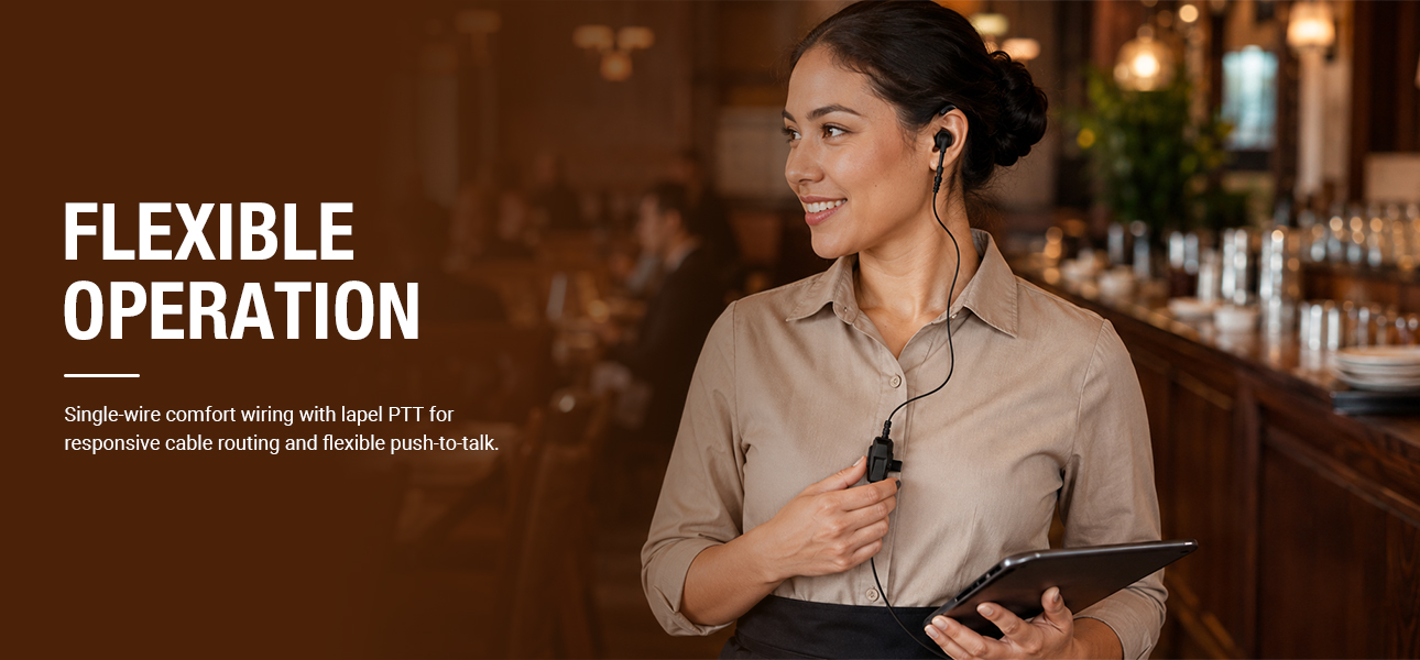 2 way radio earphone with lapel PTT for quick service team coordination during busy operations