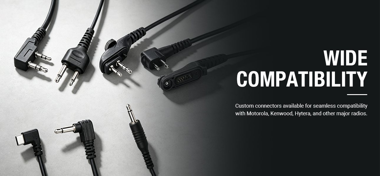 3 wire earpiece with custom connectors for Motorola, Kenwood, Hytera, Tait and other radios