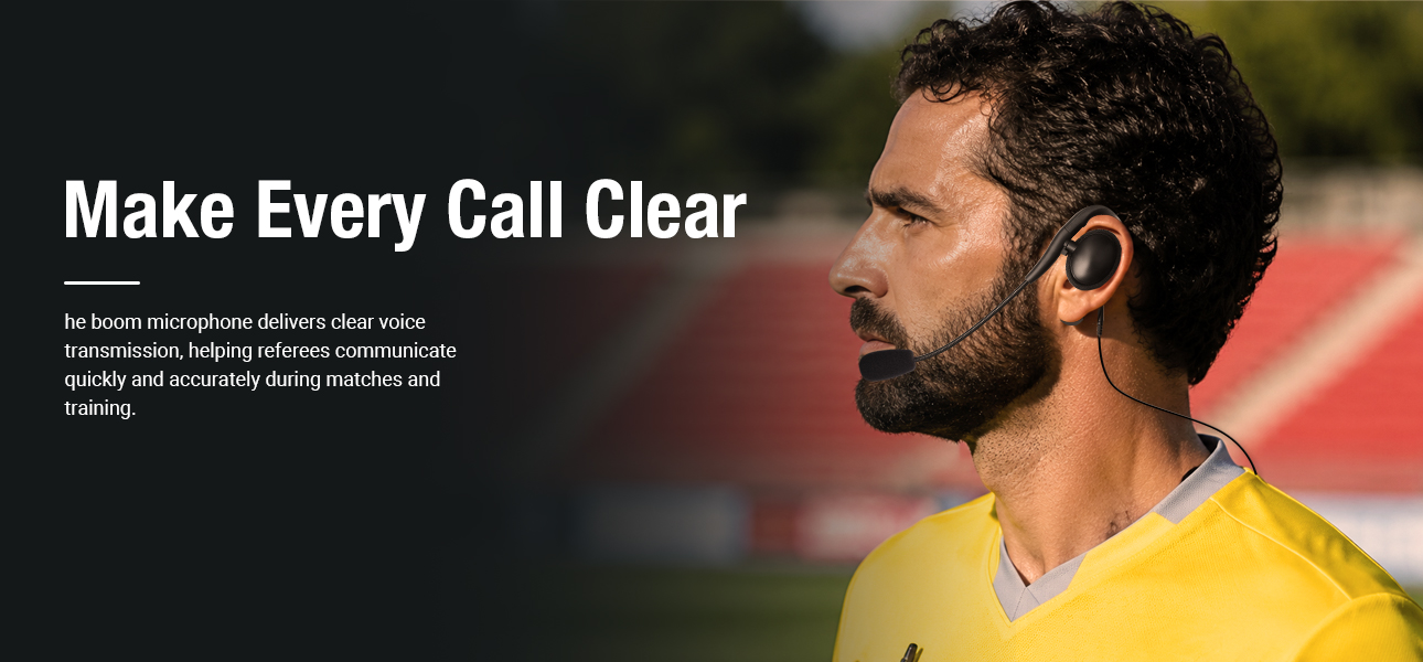 Assistant referee wearing radio earpiece headset with boom microphone for clear communication during football training