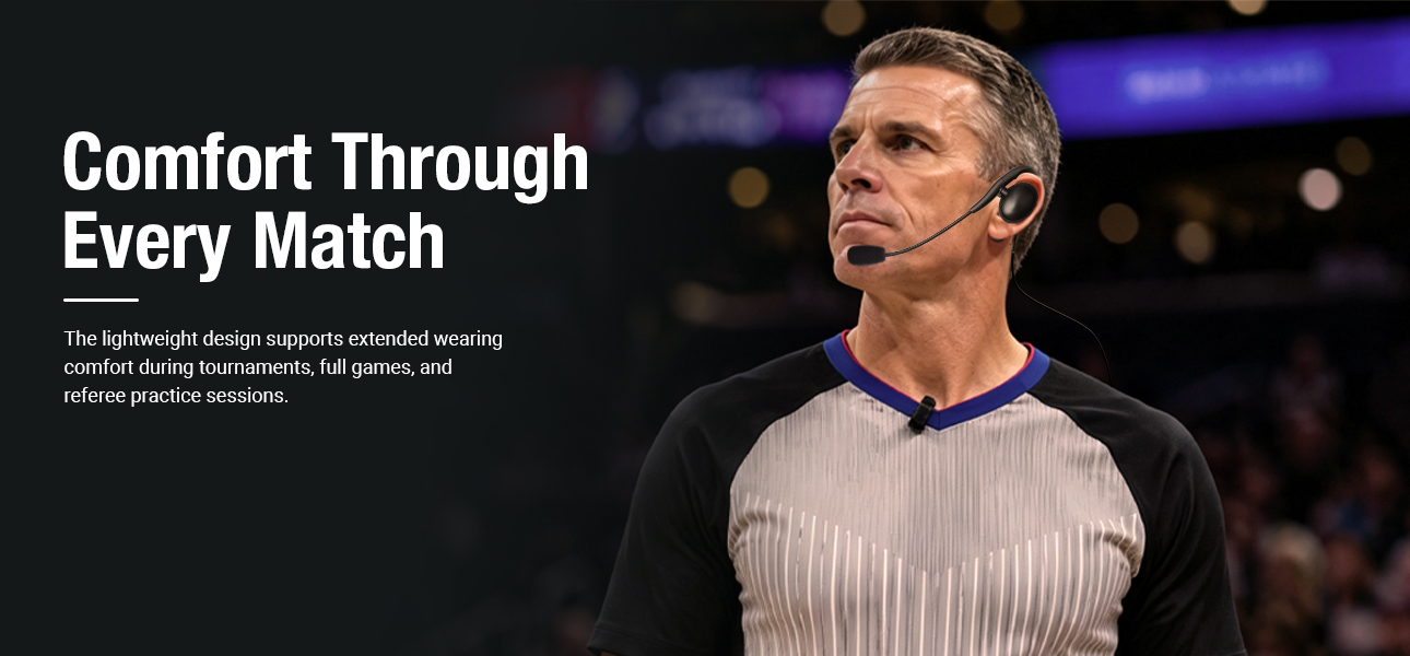 Basketball referee team using lightweight radio earpieces for extended game comfort during long matches