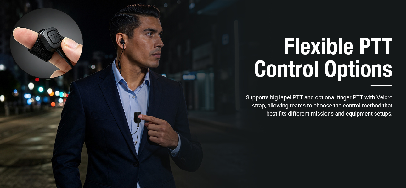 Bone conduction headset with lapel and finger PTT options for tactical mission control
