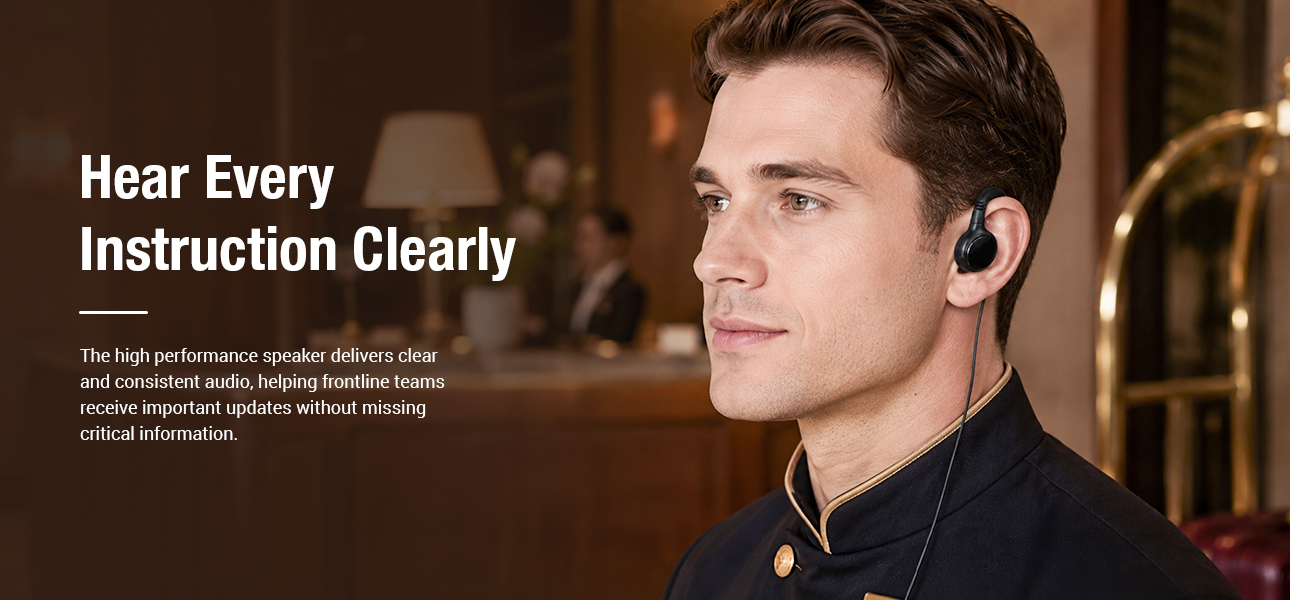 C-ring swivel earpiece with rotational earhook for hotel teams