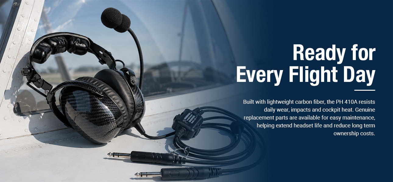 Carbon fiber aviation headset built for durable daily use in demanding flight operations