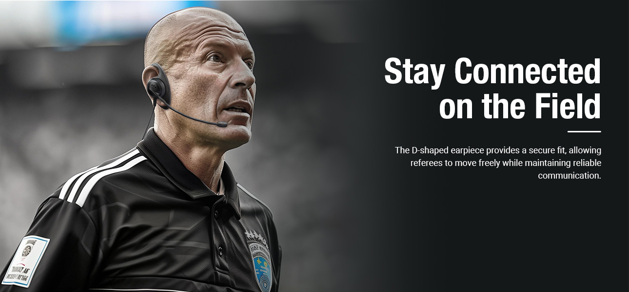 Center and assistant referees communicating with D-ring earpiece headsets on the field