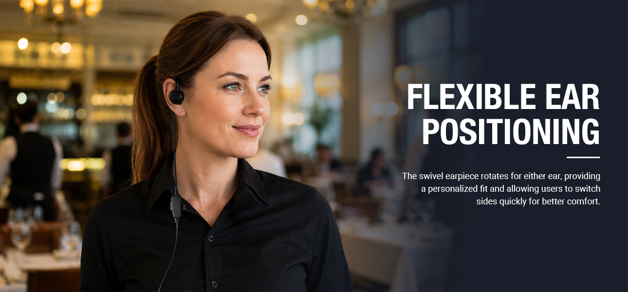 Communication earpiece for retail teams with swivel design for flexible left or right ear use