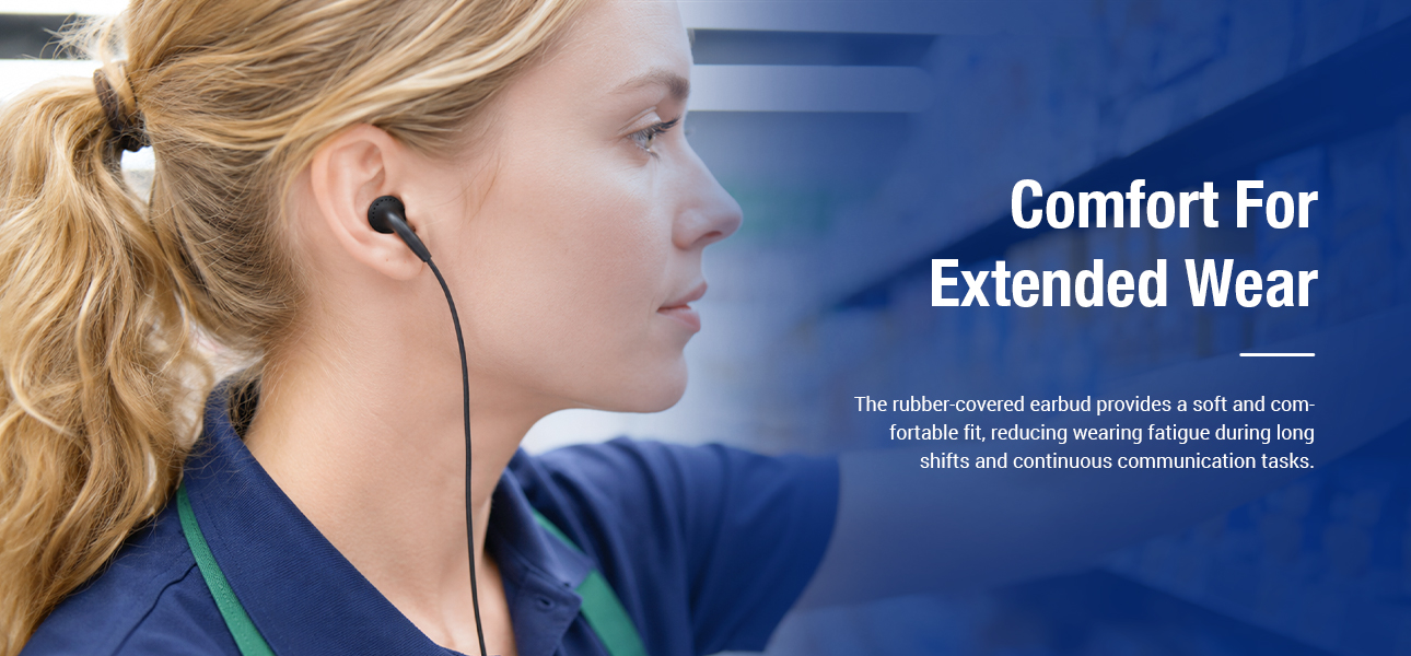 Convenience store staff wearing talkie walkie earpieces with cover earbuds during long shifts