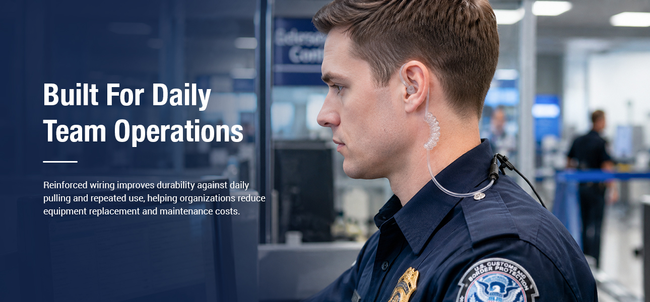 Customs and transit teams wearing coil tube earpieces with reinforced wiring during daily checkpoint operations