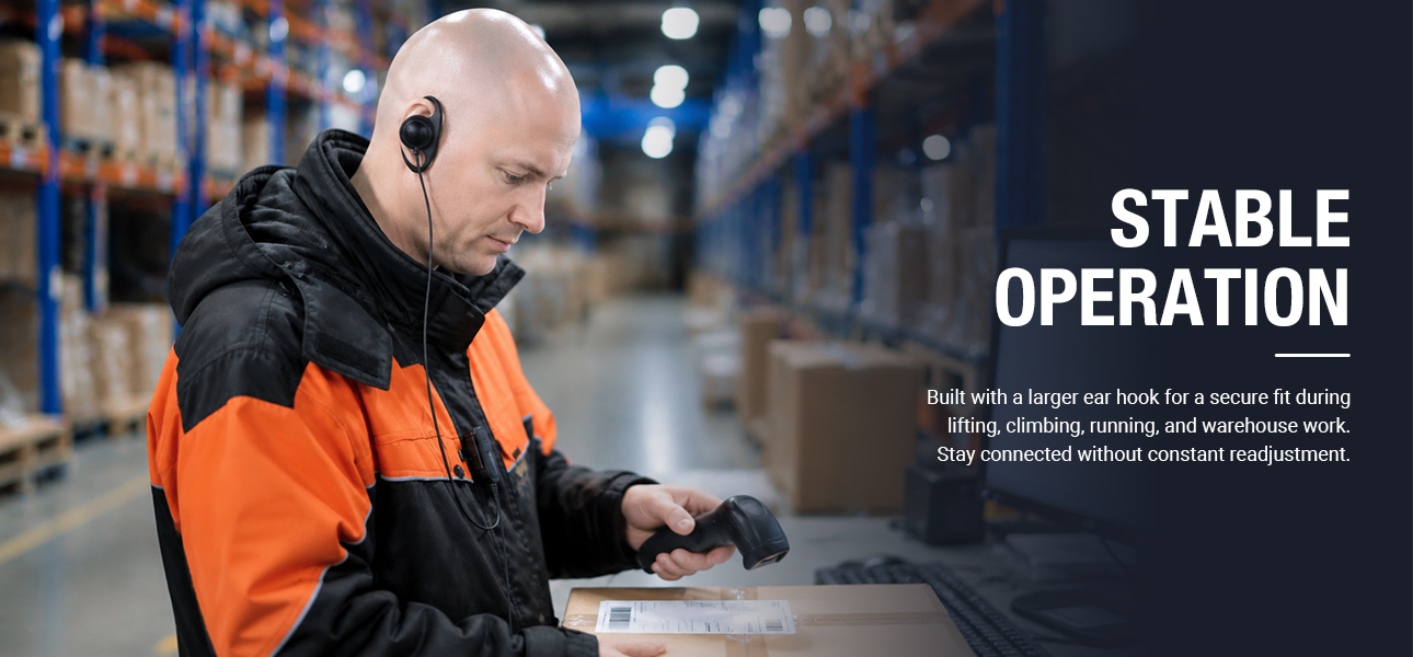 D-shaped earphone with secure ear hook fit for active warehouse and field operations