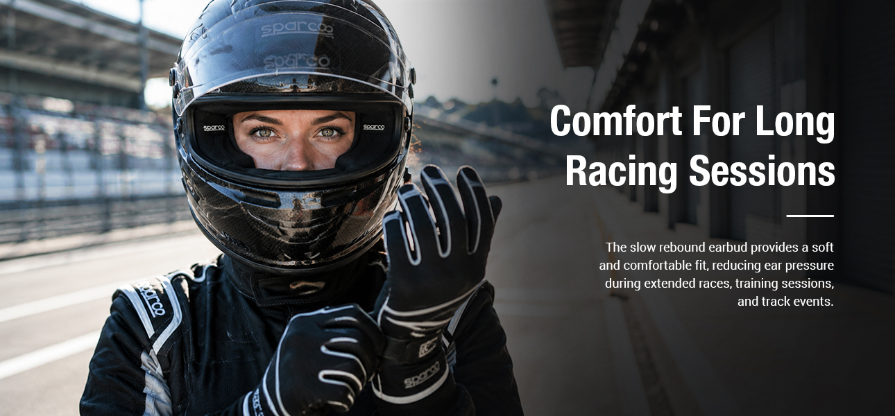 Drivers wearing foam listen-only earpieces for comfortable audio during extended races