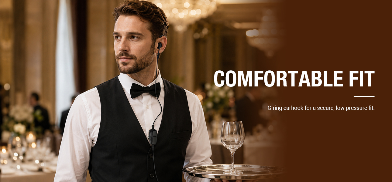 Earhook earphone for comfortable wear during long hospitality shifts