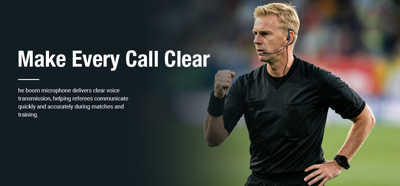 Football referee wearing a G Shape referee earpiece with boom mic for clear voice pickup