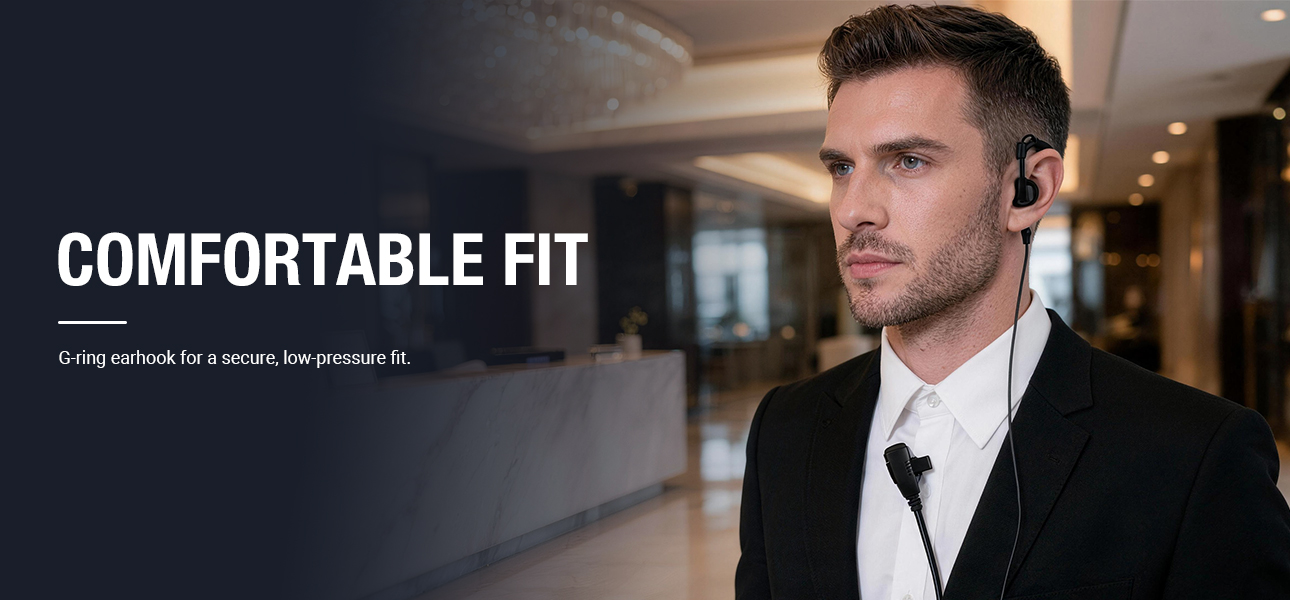 G-ring earphone with secure ear hook design for comfortable long-term wear during operations