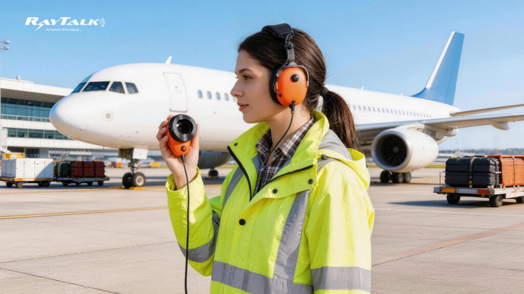 Ground handling headset with a muff mic used by aircraft maintenance staff during airport operations