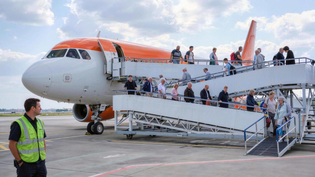 Ground handling staff on the airport ramp assisting passengers exiting a commercial passenger aircraft