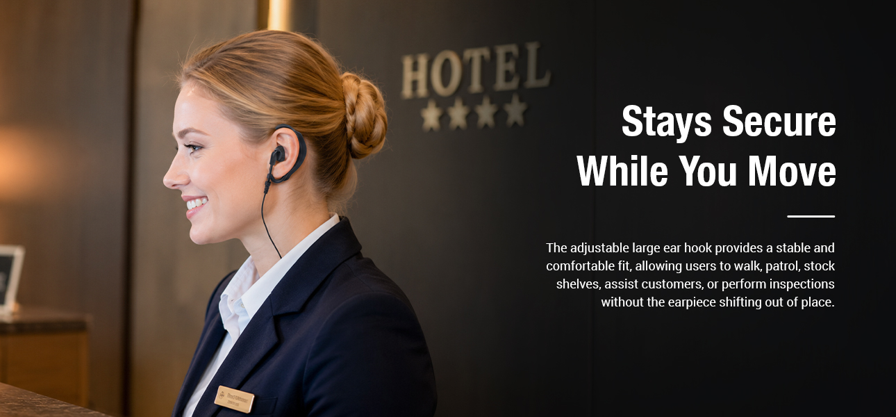Guest services teams wearing listen only earpieces with G-ring earhooks while assisting hotel guests