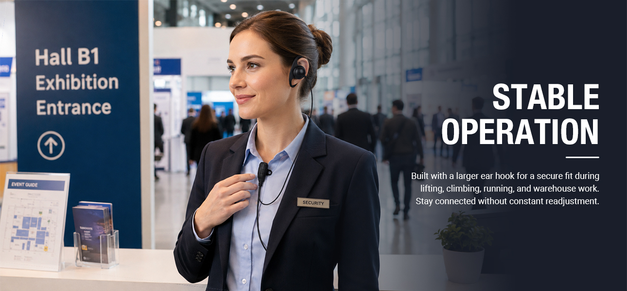 Hidden earpiece with secure ear hook fit for lifting, climbing, and active work environments