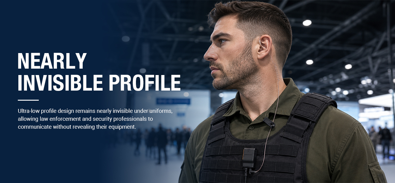 Law enforcement officers wearing invisible earpieces under uniforms for discreet radio communication