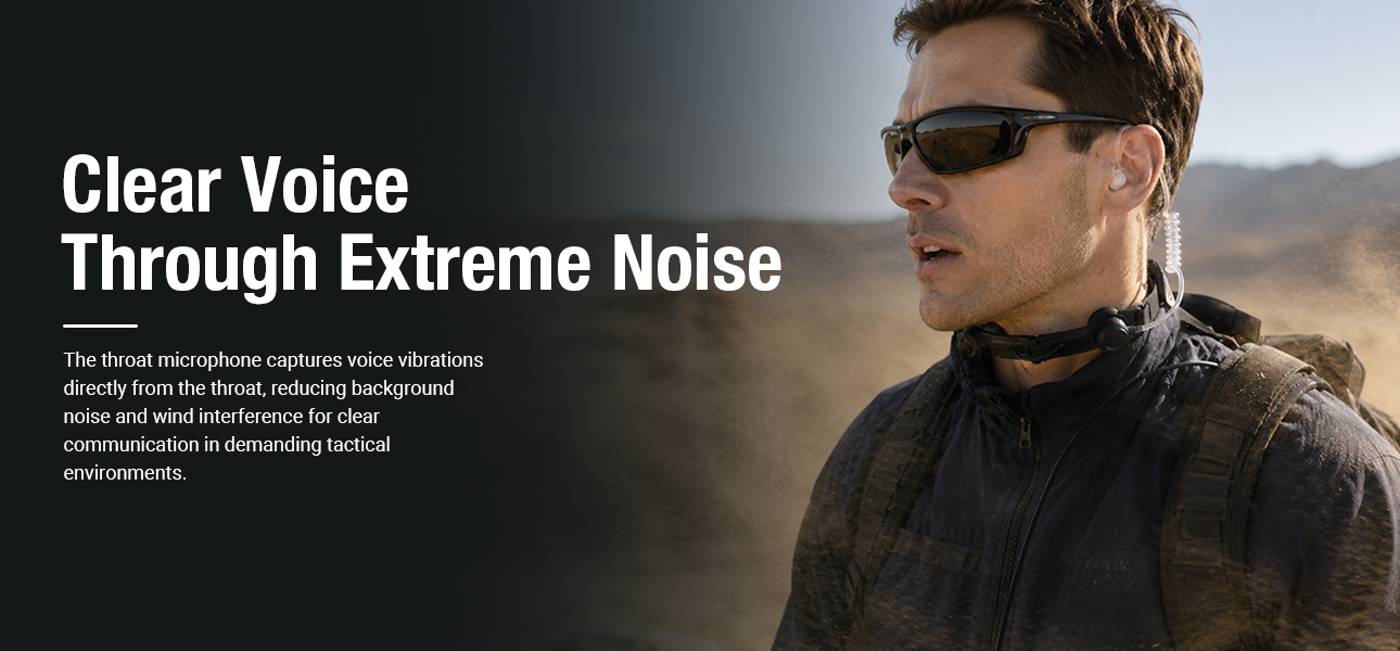 Military throat microphone capturing voice vibrations for clear audio in extreme tactical environments