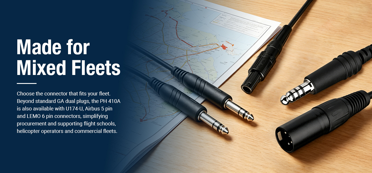 PH-410A aviation headset with customizable plug options for flight schools and mixed aircraft fleets