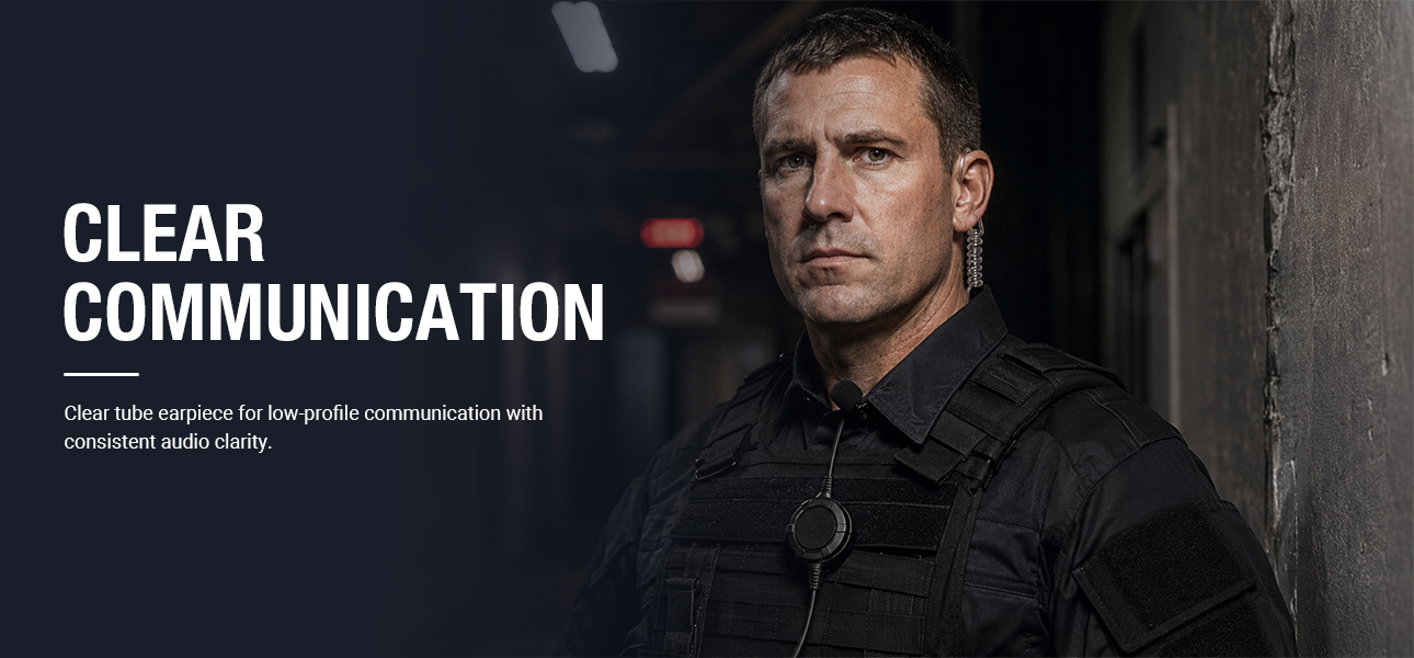 PTT headphones with clear tube earpiece for discreet radio audio in demanding environments