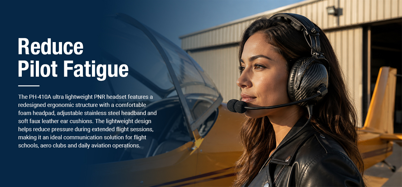 Pilot wearing an ultra lightweight PNR headset with carbon fiber design for extended flights