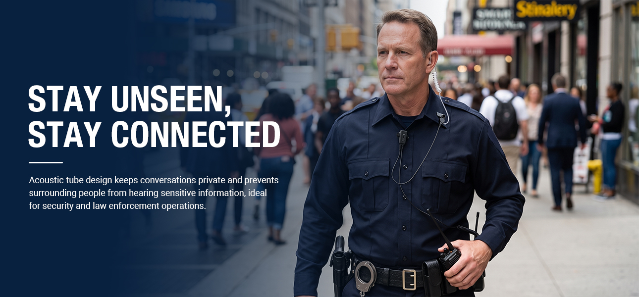 Police officers using radio earpieces to discreetly coordinate with dispatch centers during street patrols