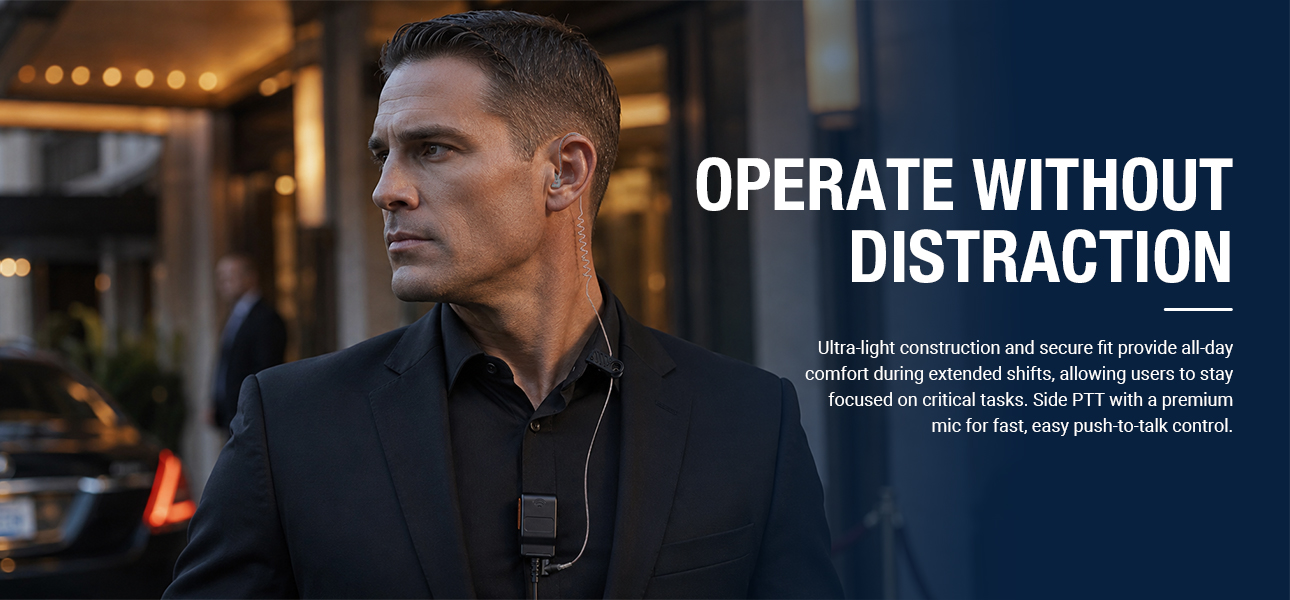 Police officers wearing police earpieces with side PTT for fast control during extended shifts