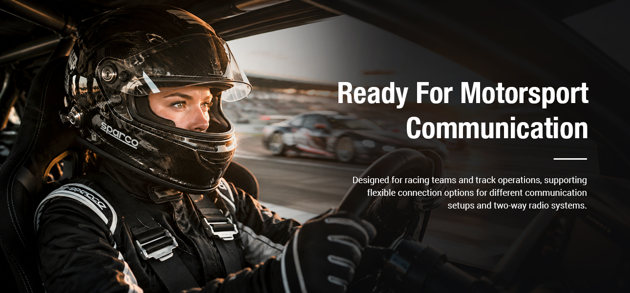 Racing teams equipped with two way radio earpieces for flexible motorsport communication setups