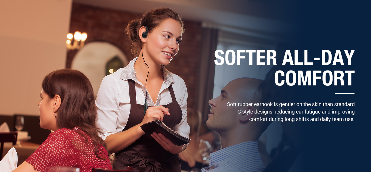 Radio earpiece with mic for restaurant managers needing comfortable wear during long shifts