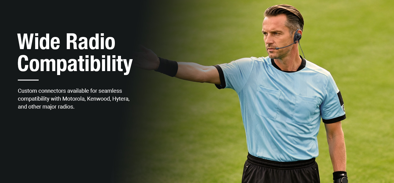Rugby referee headset with boom mic supporting Motorola, Kenwood, Hytera, Tait and more radios
