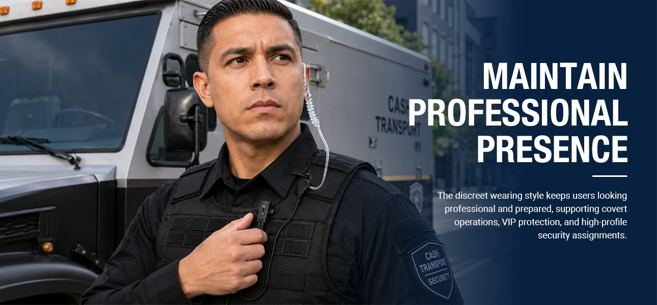 Security officers using police officer earpieces while protecting valuables and VIP assets