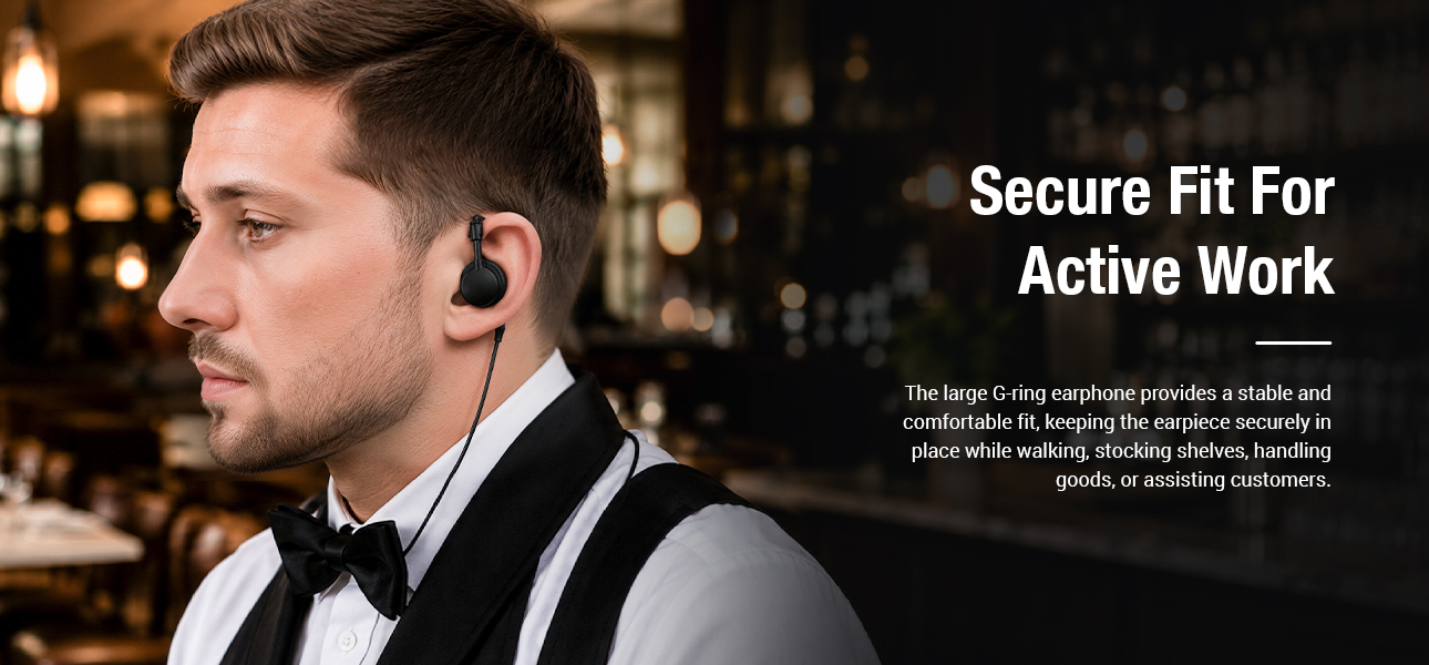 Servers wearing swivel listen only earphones while moving between tables, kitchen, and bar